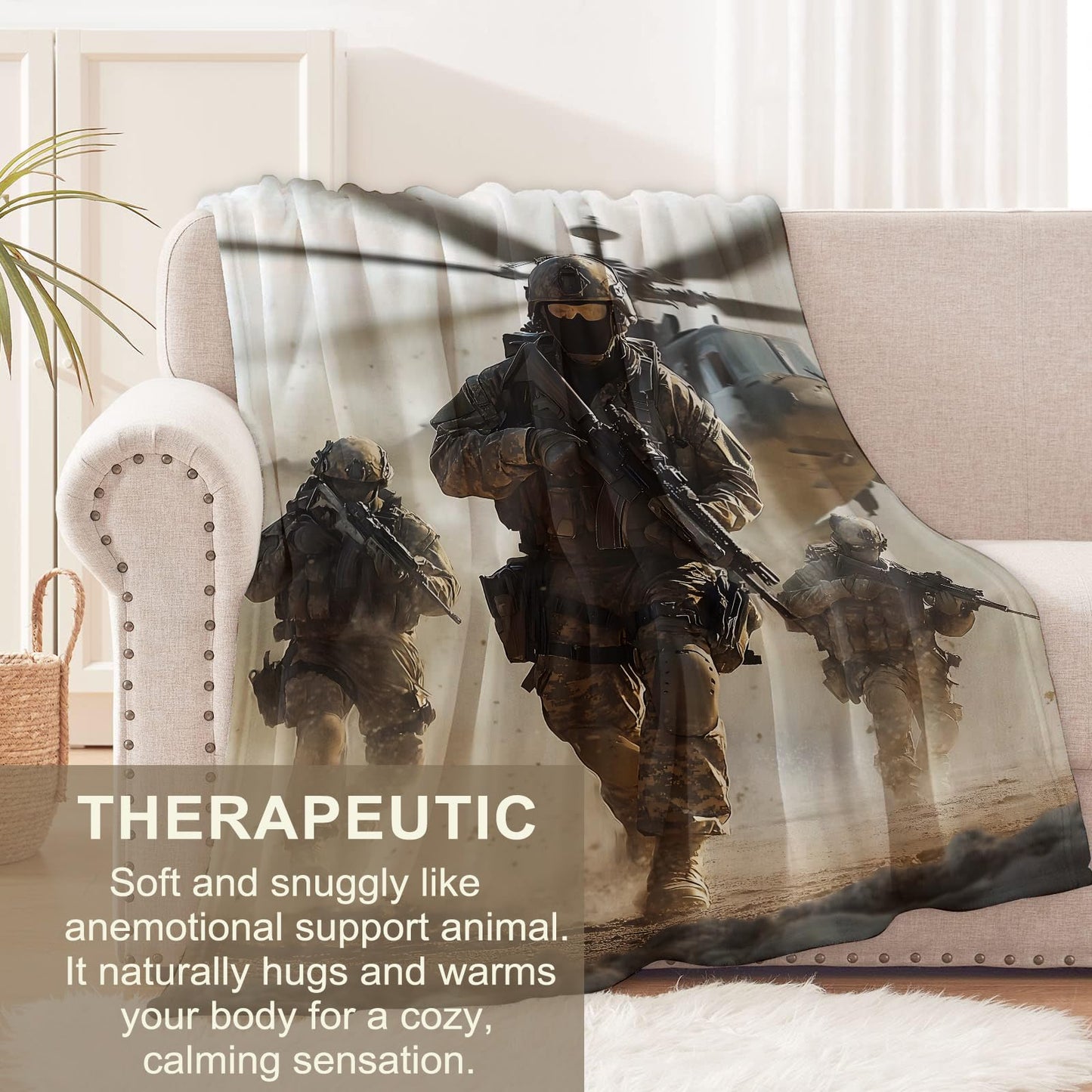 cromcu Patriotic Soldier Flannel Throw Blanket 60x50 Inch, Army with Rifles and Helicopter in Desert Storm, Realistic War Scene Blankets for Living Room, Bedroom, Sofa, Men Gifts Throws
