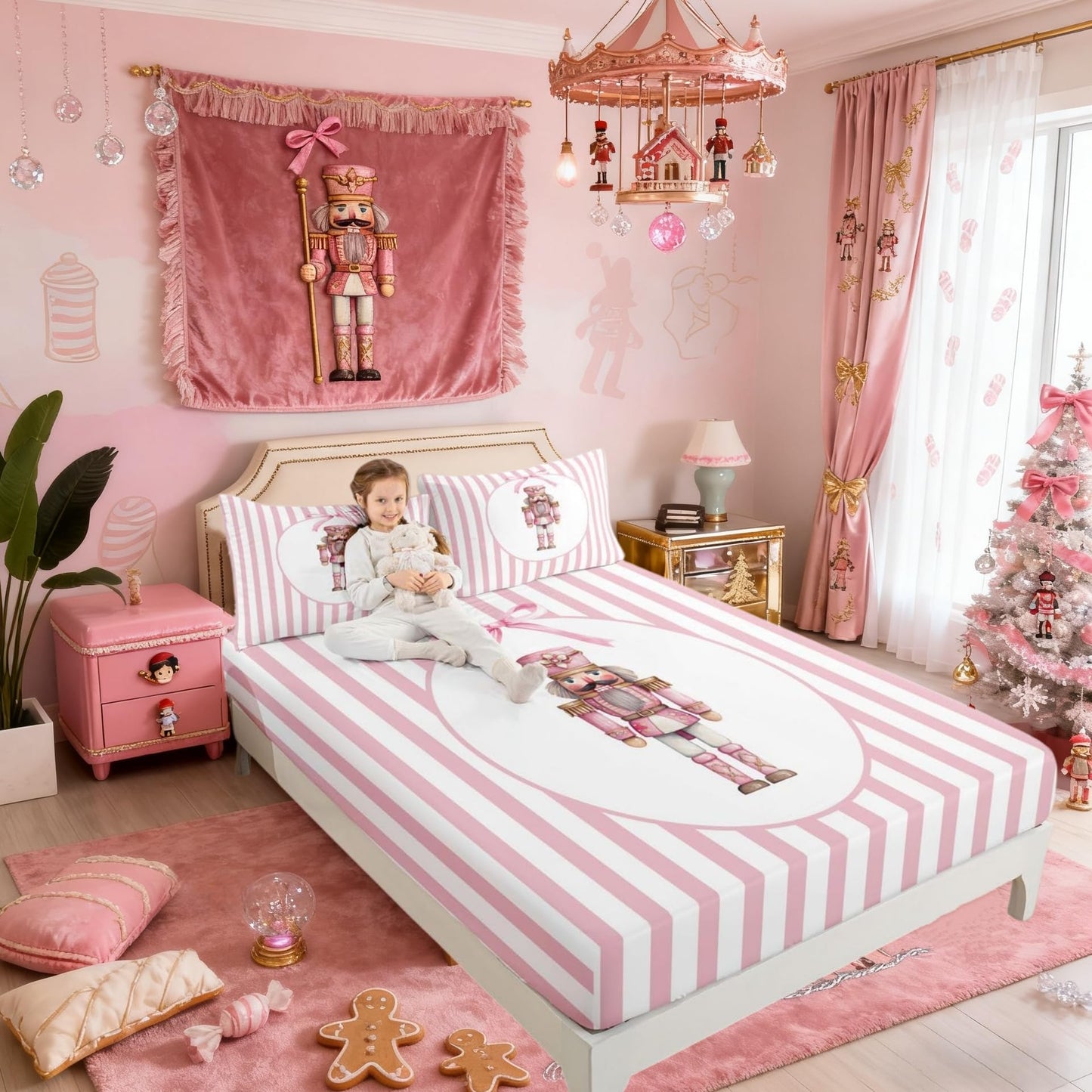 Manfei Nutcracker Kids Full Size Fitted Sheet,Christmas Lovely Bowknot Boys Girls Bed Sheets,Winter Xmas Holiday Stripes Room Decor,Pink White Bedding Set,2 Pillowcases(No Flat)