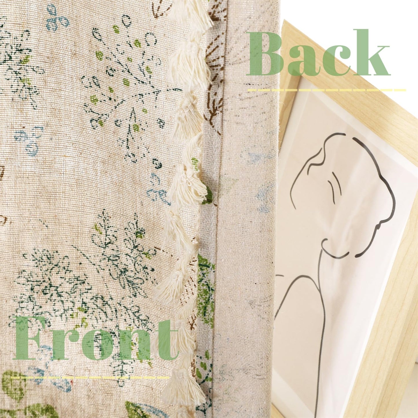 Moslovstar 2 Panels Linen Tassels Curtains Farmhouse Green Branch Leaves Vintage Semi Sheer Window Curtain for Kitchen Bathroom, 26x36in Tiers Curtain
