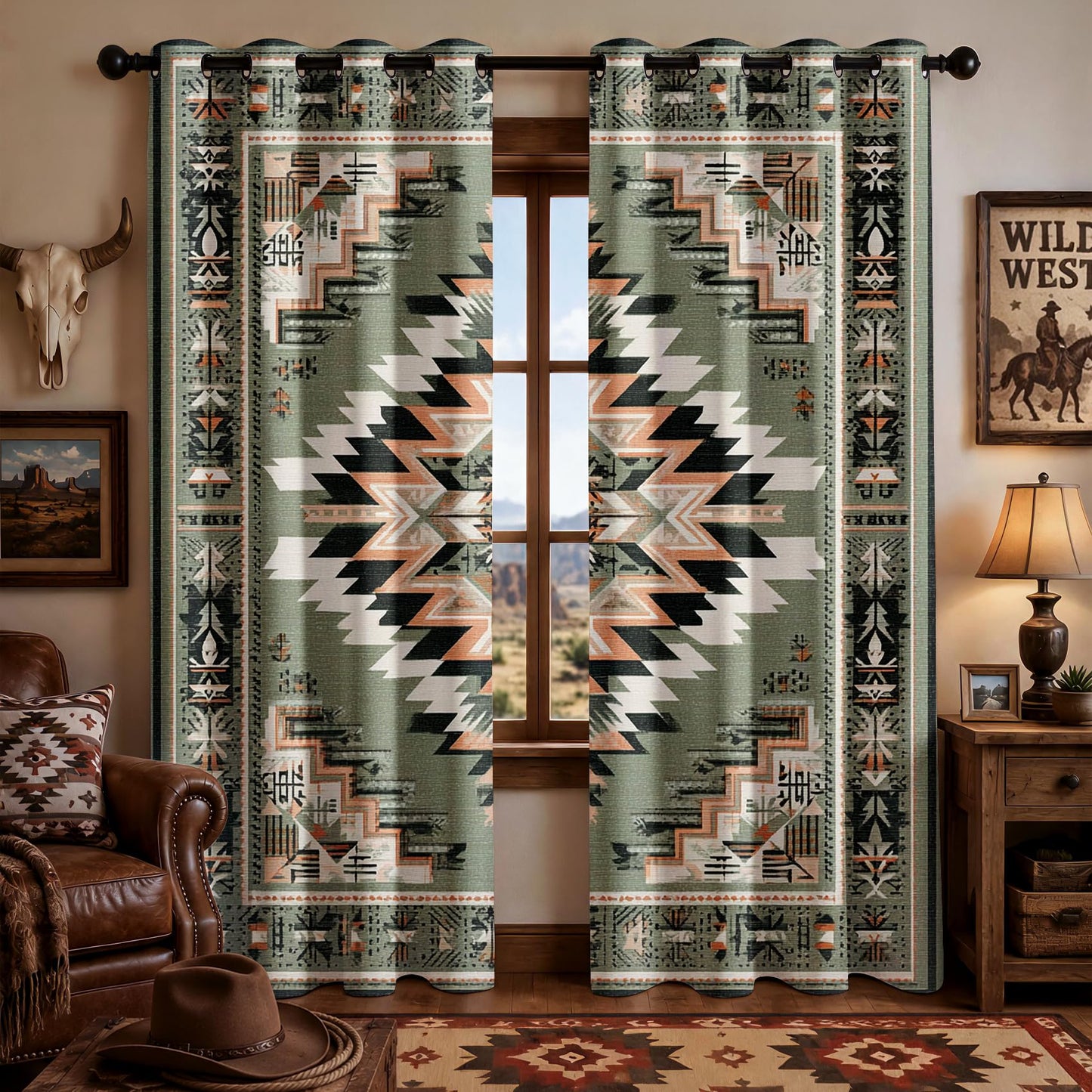 Aztec Patterned Curtains Blackout, Thermal Insulated Room Darkening Grommet Drapes for Kitchen, 45 Inch Curtains 2 Panel Set, Southwestern Green Aztec Tribal Navajo Window Treatments
