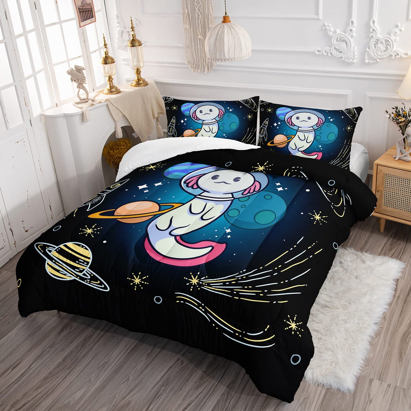 HOSIMA Axolotl Bedding Set for Kids Bedroom Decor,Space Cartoon Axolotl Pattern Kawaii Bedding Set,Wildlife Animals Reptile Toddler Comforter,Twin Comforter Set with 2 Pillowcase.