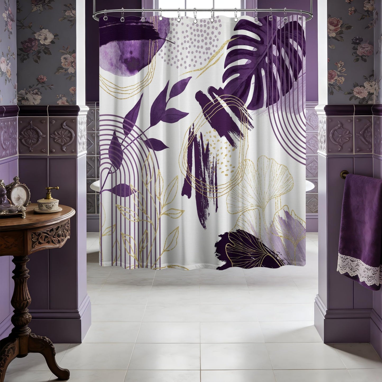 soeeao Dark Purple Shower Curtain Plum Purple and White Mid Century Modern Shower Curtains for Bathroom Decor, Waterproof Cloth Fabric with Hooks, 70" W x 72" L