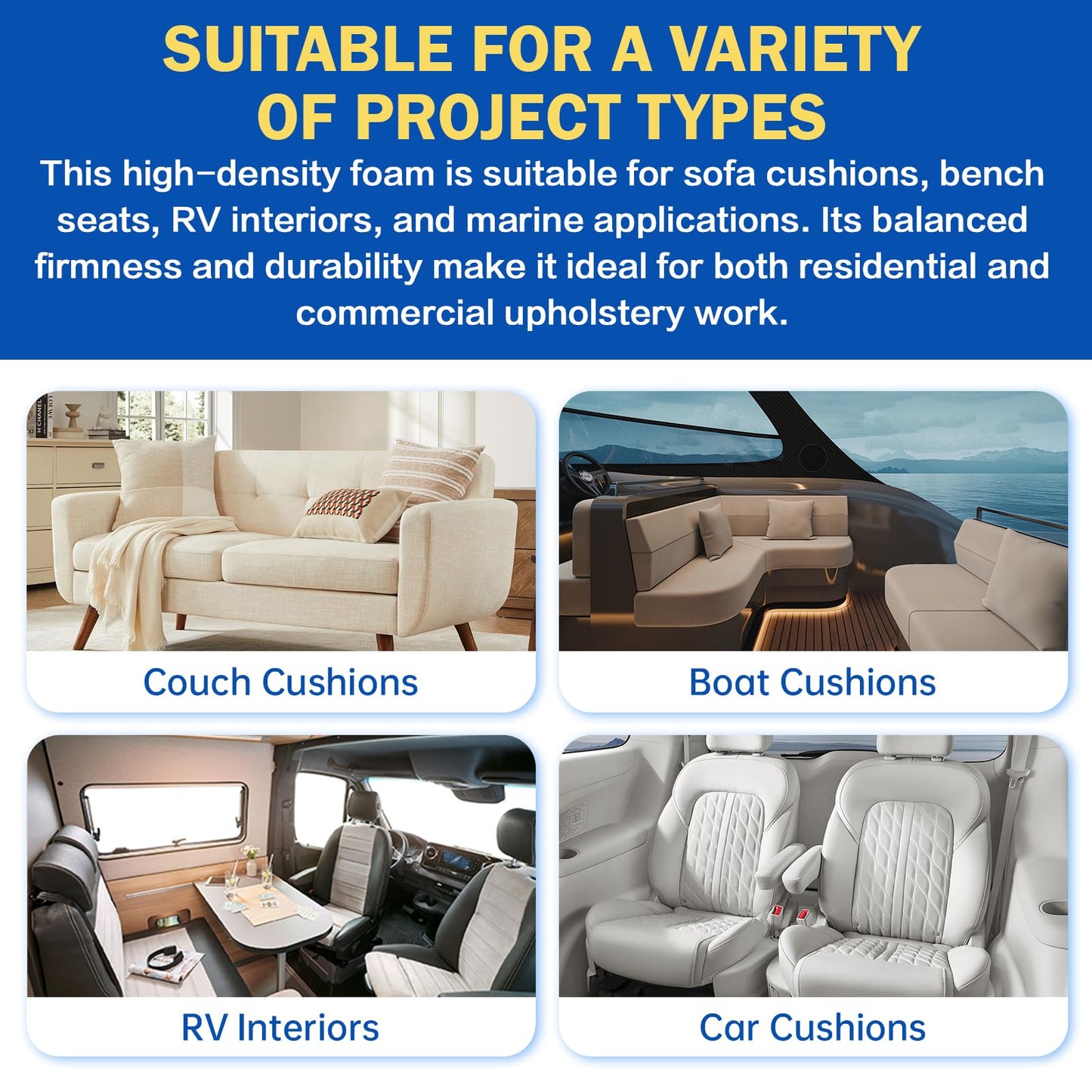 Tohetsuzp High Density Upholstery Foam Cushion - 2" Thick x 24" x 72", Gel Memory Foam Support Padding for Seat Cushion Replacement, DIY Projects, Sofa Mattress Support