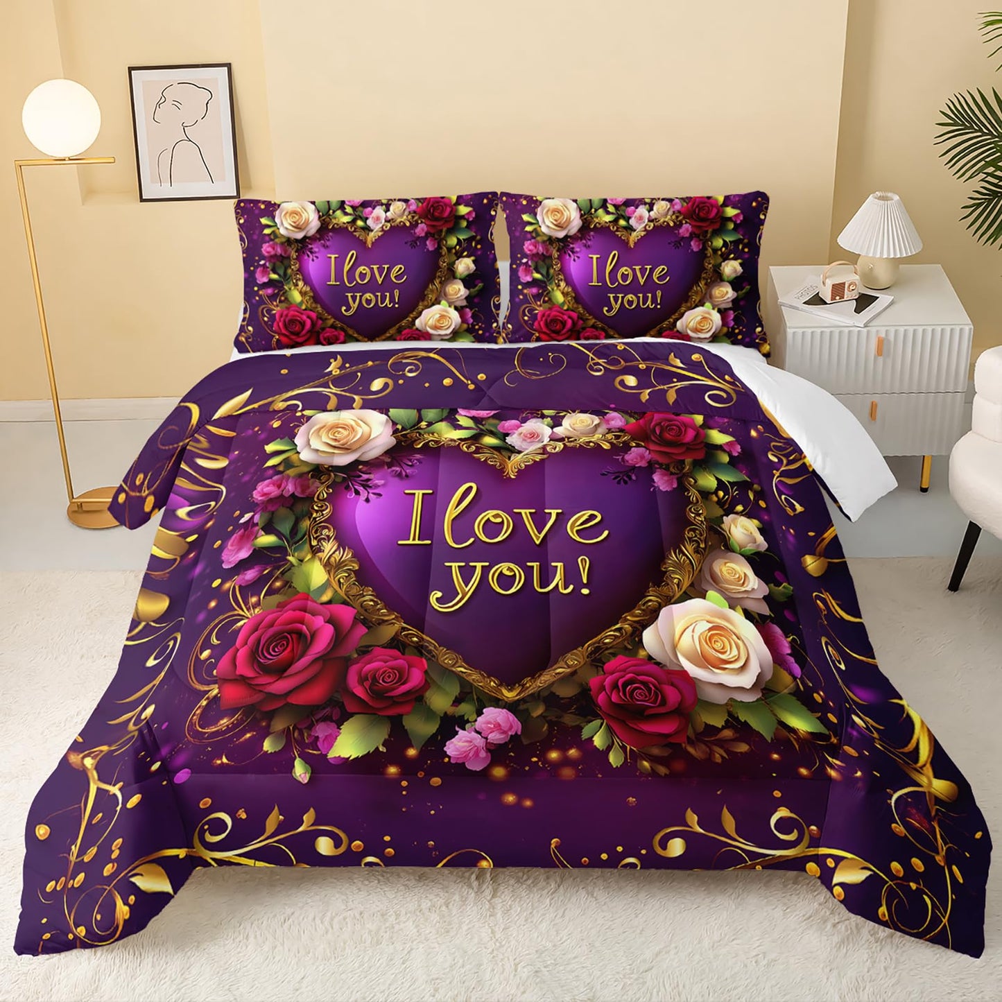 QOOMO 3Pcs Flower Print Comforter Set Queen Size,Cute Plants Bedding Set for Teens Boys Girls,Purple Comforter with 2 Pillowcases,Soft and Lightweight