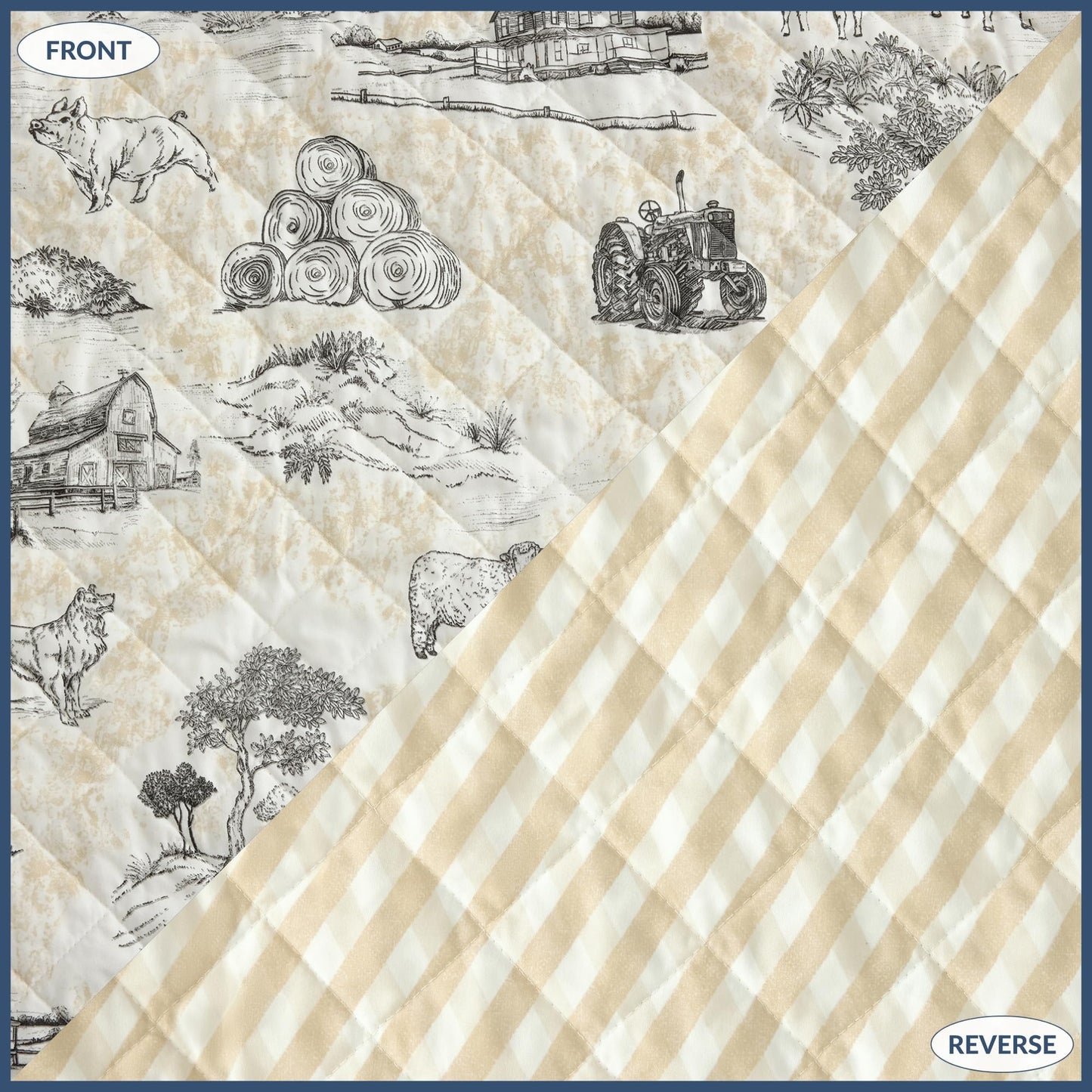 Paseo Road Indigo Hill by HiEnd Accents Farm Life 3 Piece King Size Quilt Set, Animal Farm Barn Toile Print Rustic Bedding, Cream Tan Lightweight Quilt for Farmhouse Bedding and Cabin Bedrooms