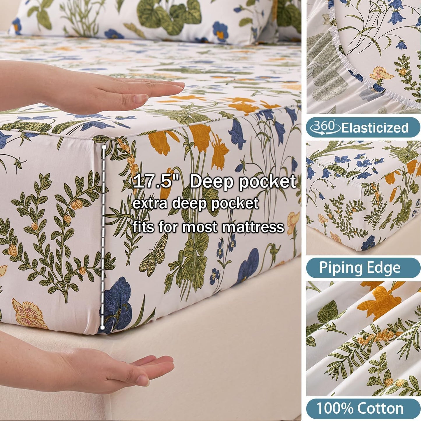 Huborise Green Floral Bed Sheets Set King Size 100% Percale Cotton Yellow & Blue Flower Printed Sheets, Soft & Breathable, Leaf Pattern Botanical Bedding Luxury Deep Pocket Fitted Sheet 17.5" 4 Pcs