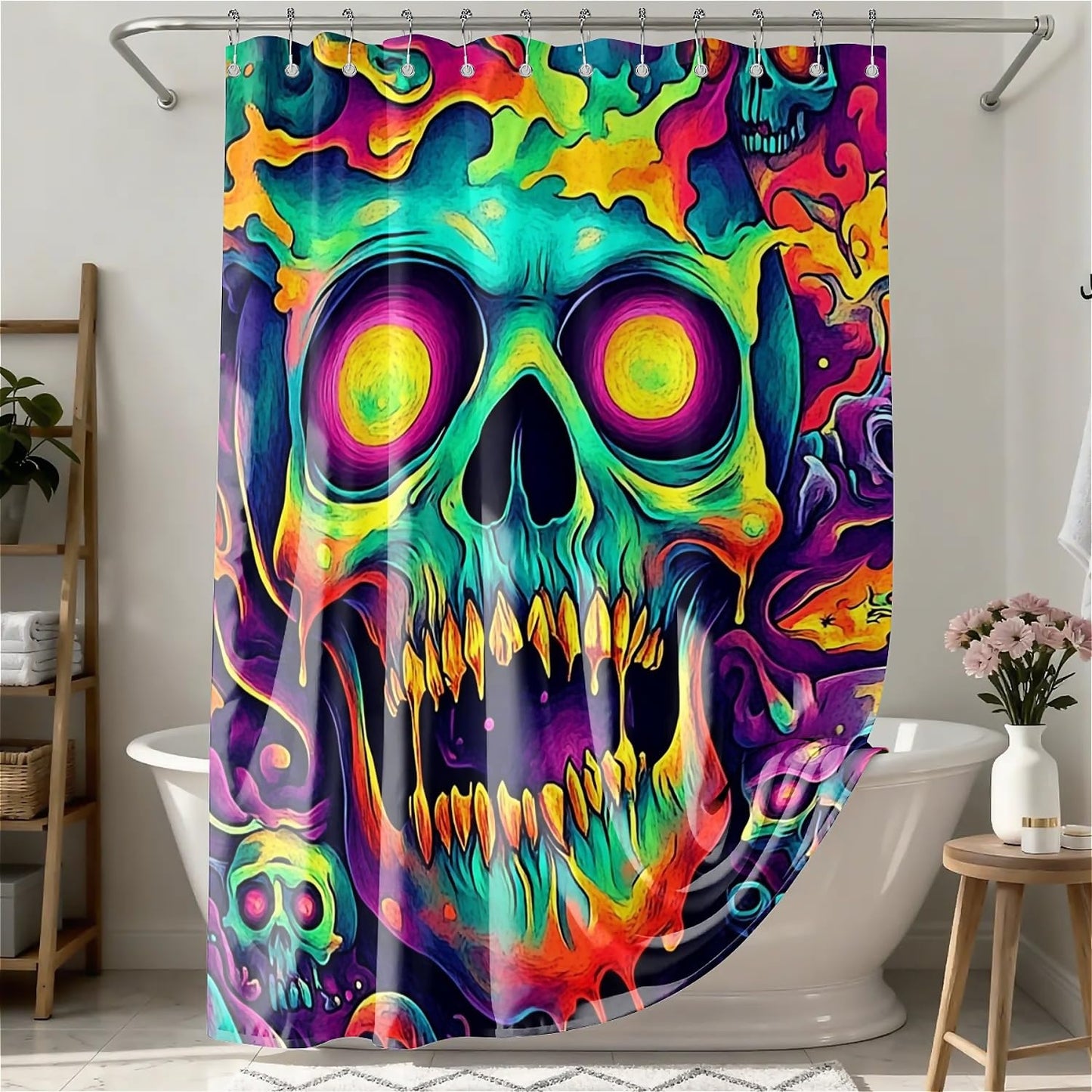 TANGXUNFA Psychedelic-Cartoon-Evil-Skull Shower Curtain for Bathroom, Water-Resistant Long Shower Curtain Set 72x72 Inch with Metal Grommets and 12 Metal Hooks