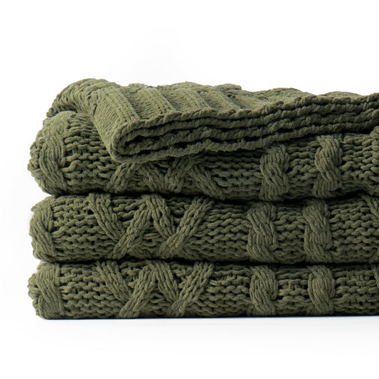 Battilo Olive Green Throw Blanket for Couch, Chunky Cable Knit Blanket, Woven Soft Cozy Chenille Throw Blanket for Bed, Sofa, Chair, Living Room, 51"x67"