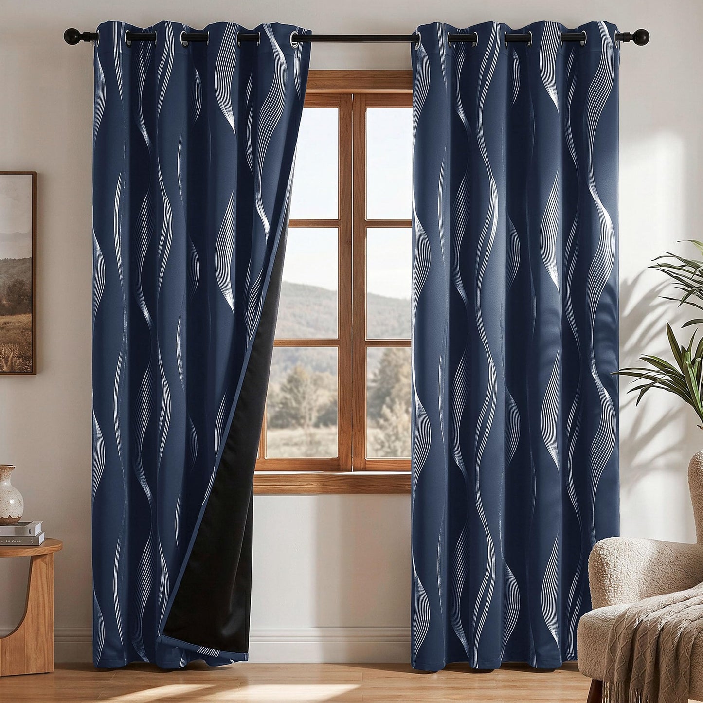 Deconovo Silver Foil Wave Pattern Total Blackout Curtain Panels, Living Room Curtains, White Grommet Top, 2 Panels Set, 52W x 84L, Navy Blue