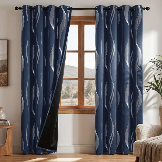 Deconovo Silver Foil Wave Pattern Total Blackout Curtain Panels, Living Room Curtains, White Grommet Top, 2 Panels Set, 52W x 84L, Navy Blue