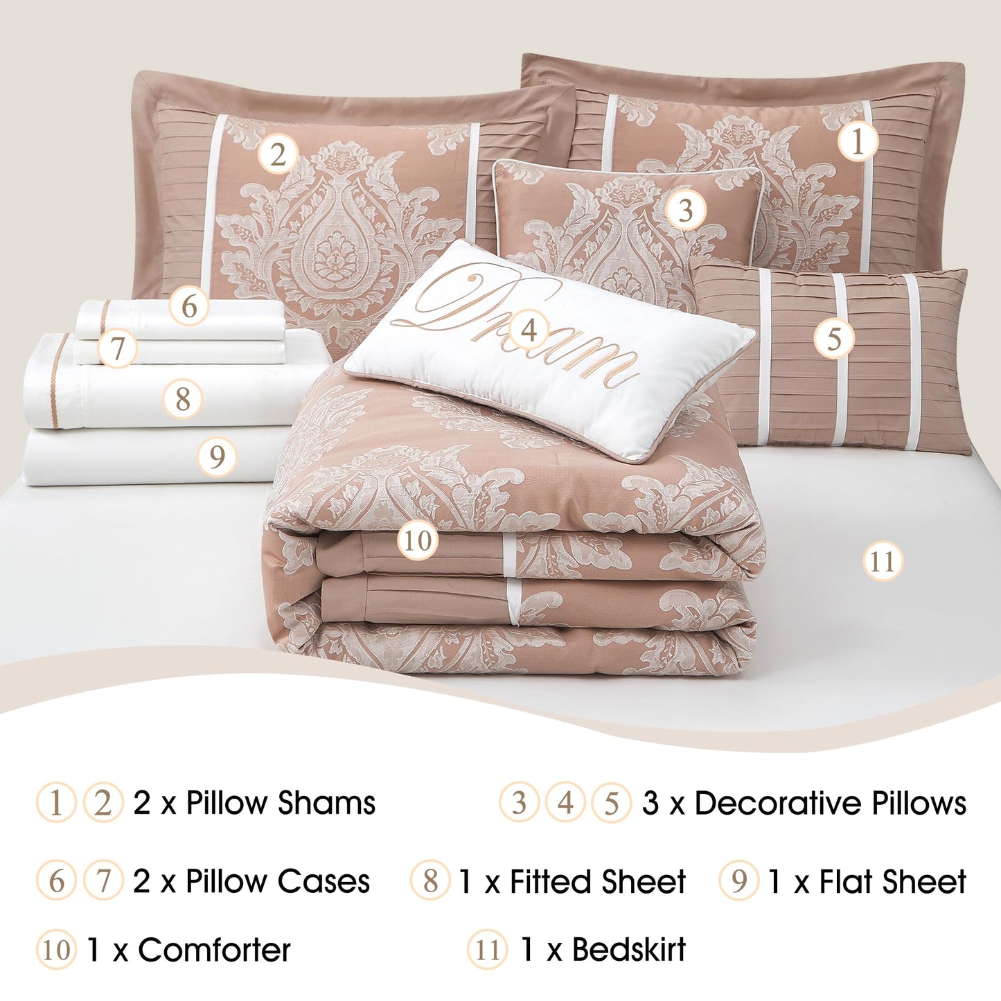 Stratford Park Blush Comforter Set King, 15 Pieces Room in a Bag, Elegant Patchwork Damask Jacquard Bedding Set, Matching Bedskirt, Flat Sheet, Fitted Sheet, Pillow Shams, Curtains