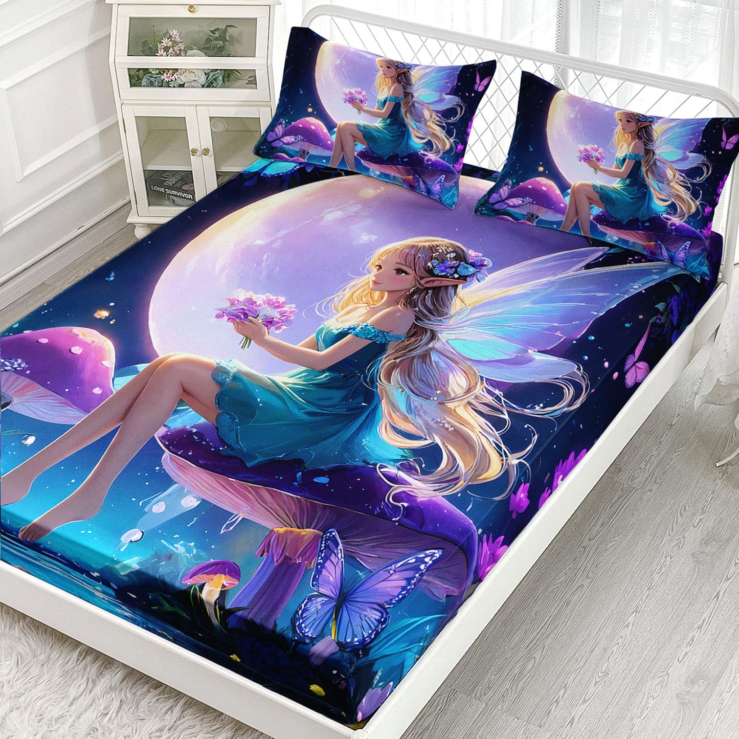 AILONEN Beautiful Fairy Girls Fitted Sheet Set Full Size, Purple Floral Butterfly Fairy Bedding Set,3-Piece Magic Mushroom Flower Fitted Sheet with 2 Pillowcases