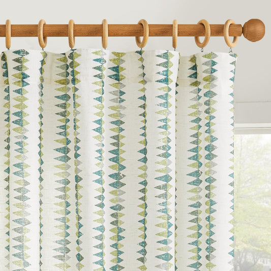 jinchan Linen Nursery Curtains for Living Room Boho Curtains for Bedroom Kids Room 63 Inches Long Geometric Printed Farmhouse Drapes Rod Pocket Window Treatment Curtain Set of 2 Panels Green