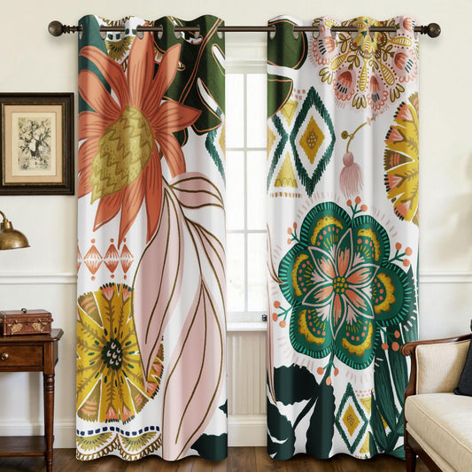 Tyrot White Boho Floral 100% Blackout Curtains for Living Room 84 inch Long 2 Panels Mid Century Botanical Black Out Curtains for Bedroom Grommet Thermal Insulated Room Darkening Window Drapes,52Wx84L