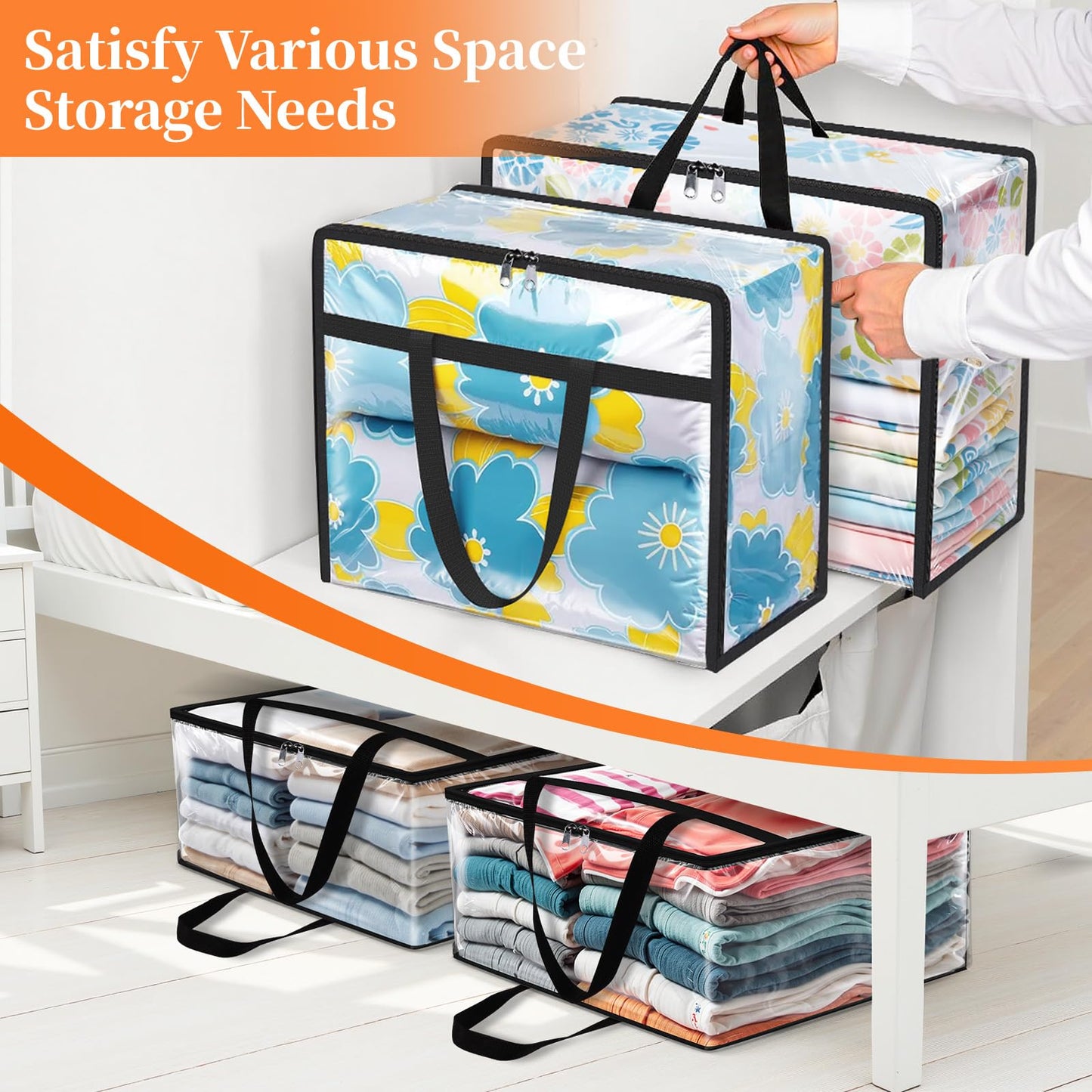 SpaceTrove Clear Clothes Storage Bags, 6 Pack Closet Organizers and Under Bed Storage Containers, Foldable Moving Bags with Zippers for Comforter, Blanket, Bedding, Duvet, PVC Packing Bags 60L