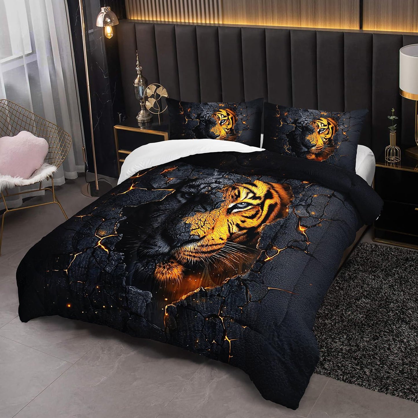 XYNHML 3D Wildlife Tiger Printed Comforter Set 3Pcs Twin Wild Hunting Tiger Bedding Set for Kid Teen Boy Girl Adult Tropical African Jungle Animal Quilt Bed Decor with 1 Comforter & 2 Pillowcases