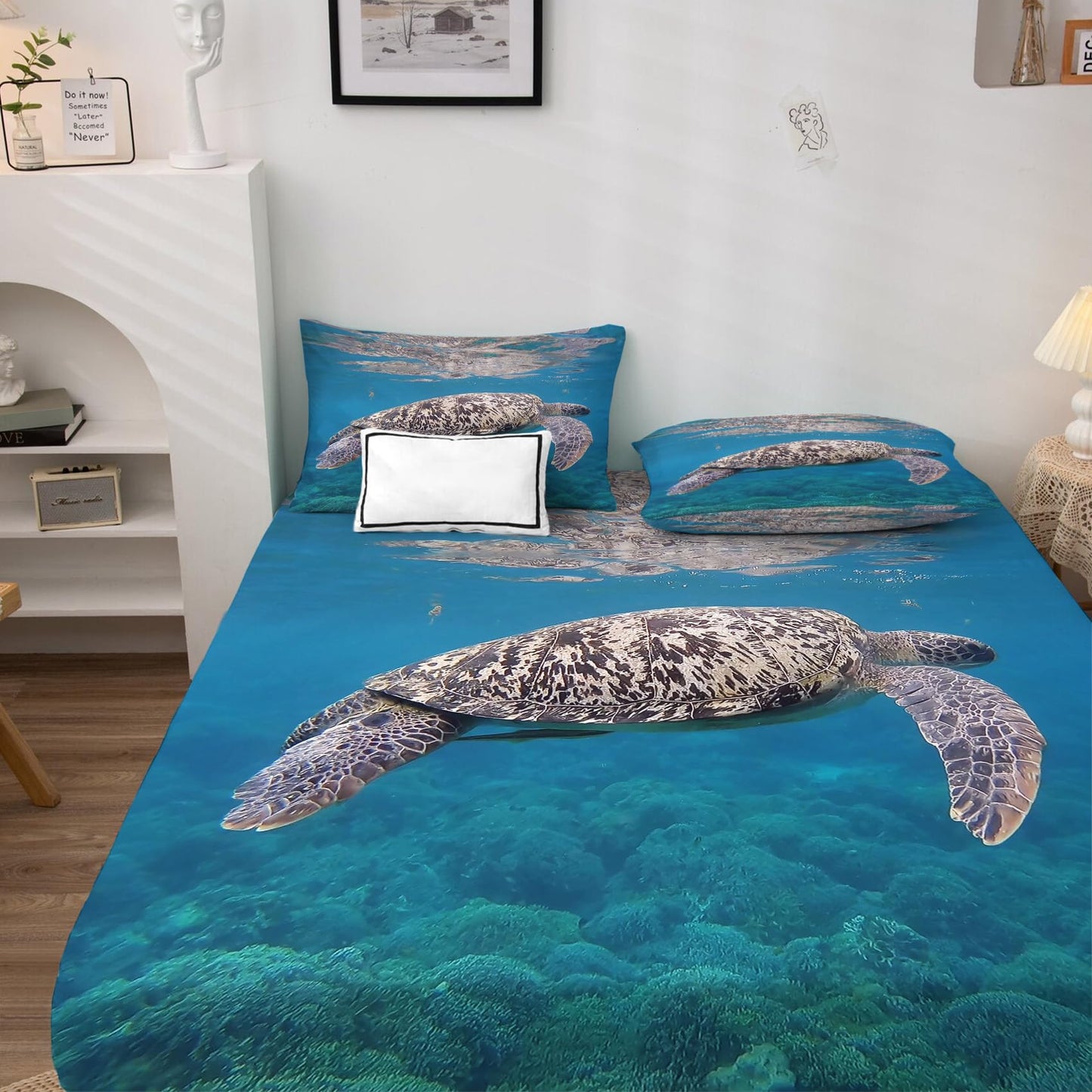THYUNQ Sea Turtle Sheets Full Size Bed, 3D Sea Life Pattern Bedding Sheets & Pillowcases - 16 Inch Deep Pocket, Super Soft Microfiber Printed Sheet Set 4 Piece