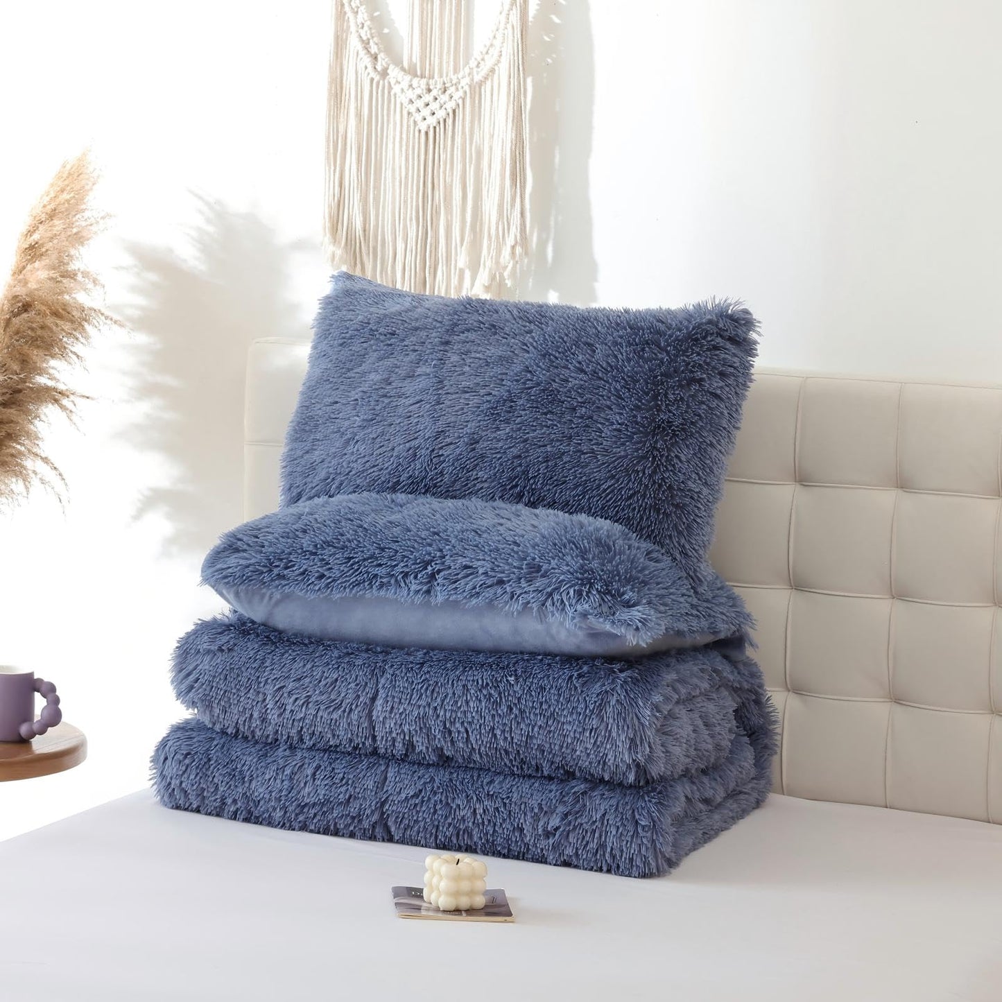 Smoofy Fluffy Queen Comforter Set, Faux Fur Comforter Set Queen Size, Luxury Fuzzy Bedding Set, Soft Shaggy Bed Set for All Season, 3 Pieces - 1 Comforter & 2 Pillowcases, Infinite Blue