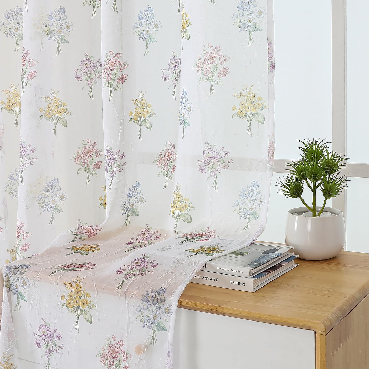 Ebesto Crushed Floral Sheer Curtains 63 Inch Length - Light Filtering Printed Sheer Flower Patterned Curtains for Bedroom, Spring Romantic Rod Pocket Window Drapes, 2 Panels, 42Wx63L Inches, White