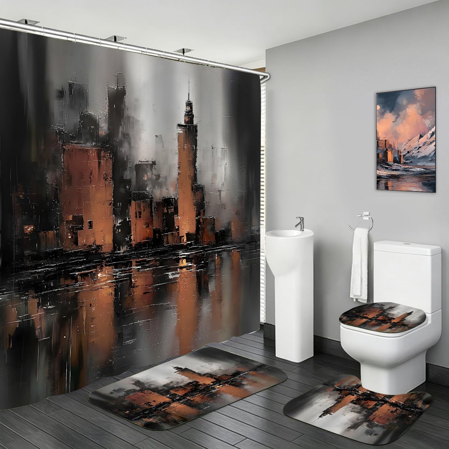 Yddsky 4 Pcs Black and Brown Geometric Shower Curtain Sets with Rugs Black Bathroom Sets with Shower Curtain and Rugs Modern Bathroom Curtains with Toilet Lid Cover for Bathroom Decor Accessories
