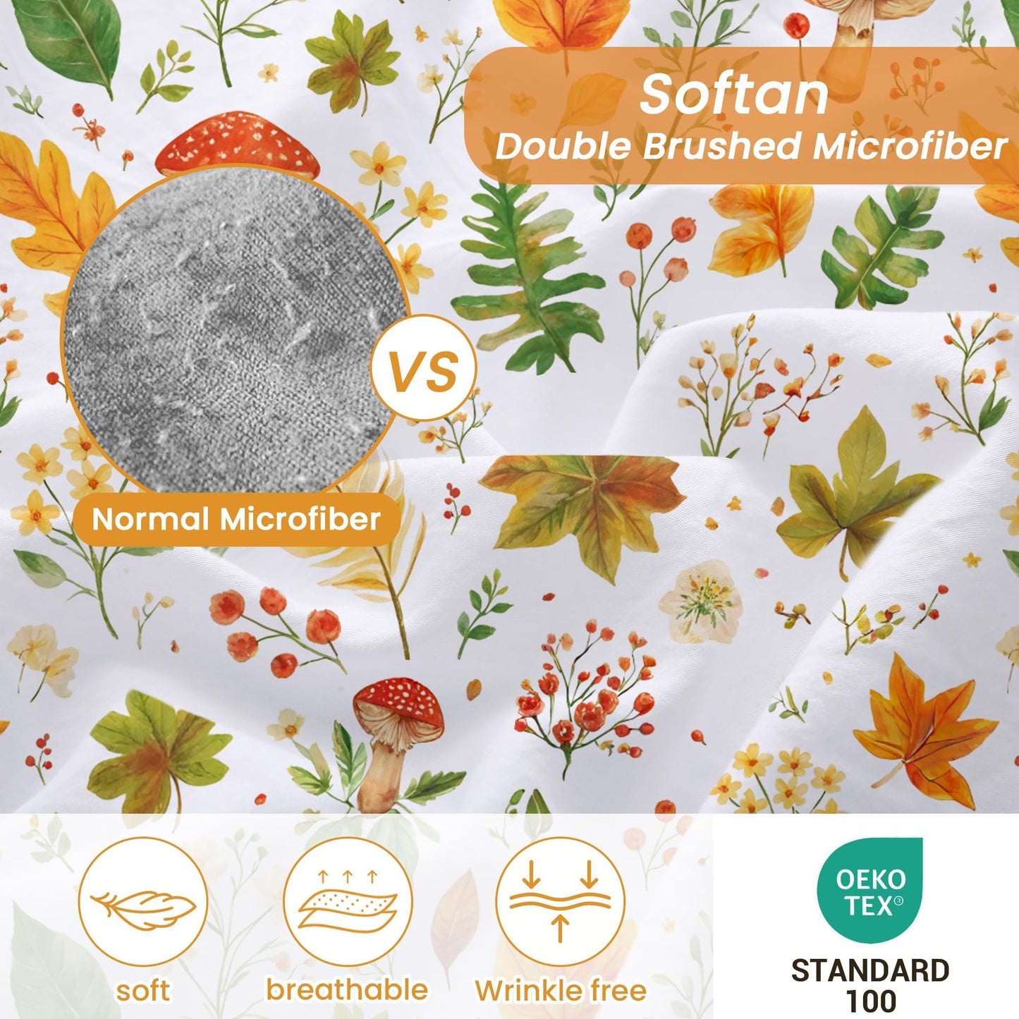 Softan Orange Floral Full Size Sheet Set, Printed Microfiber Fitted Sheet with 15" Deep Pockets & Non-Slip Straps, Maple Leaves & Mushroom Patterned Double Bedding Sheets & Pillowcase Set