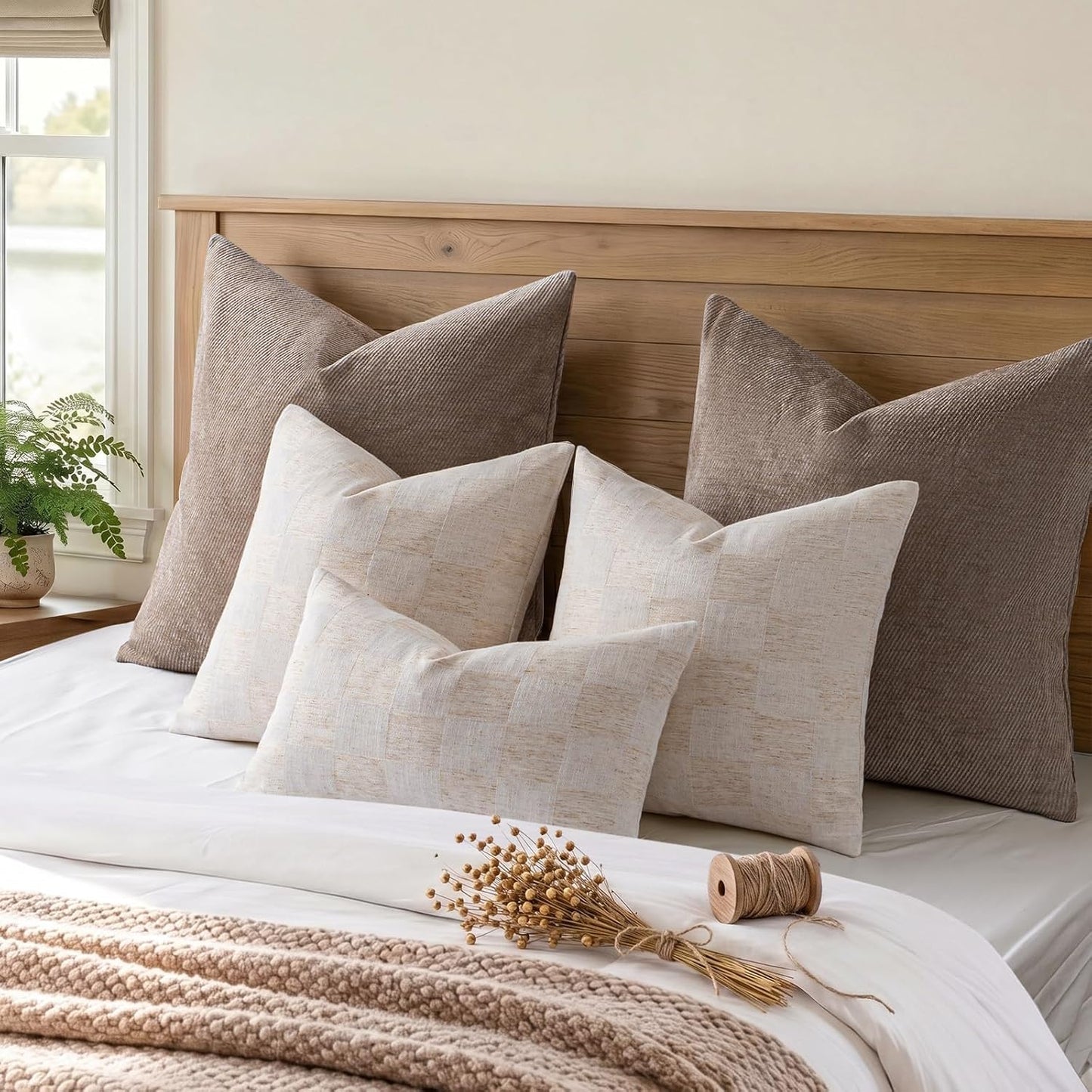 a moment Set of 2 Decorative Linen Throw Pillow Covers,Large Grid Textured Neutral Boho Farmhouse Cushion Covers,Soft Aesthetic Pillowcases for Couch Sofa Living Room Home Decor,24x24 Inch,Beige
