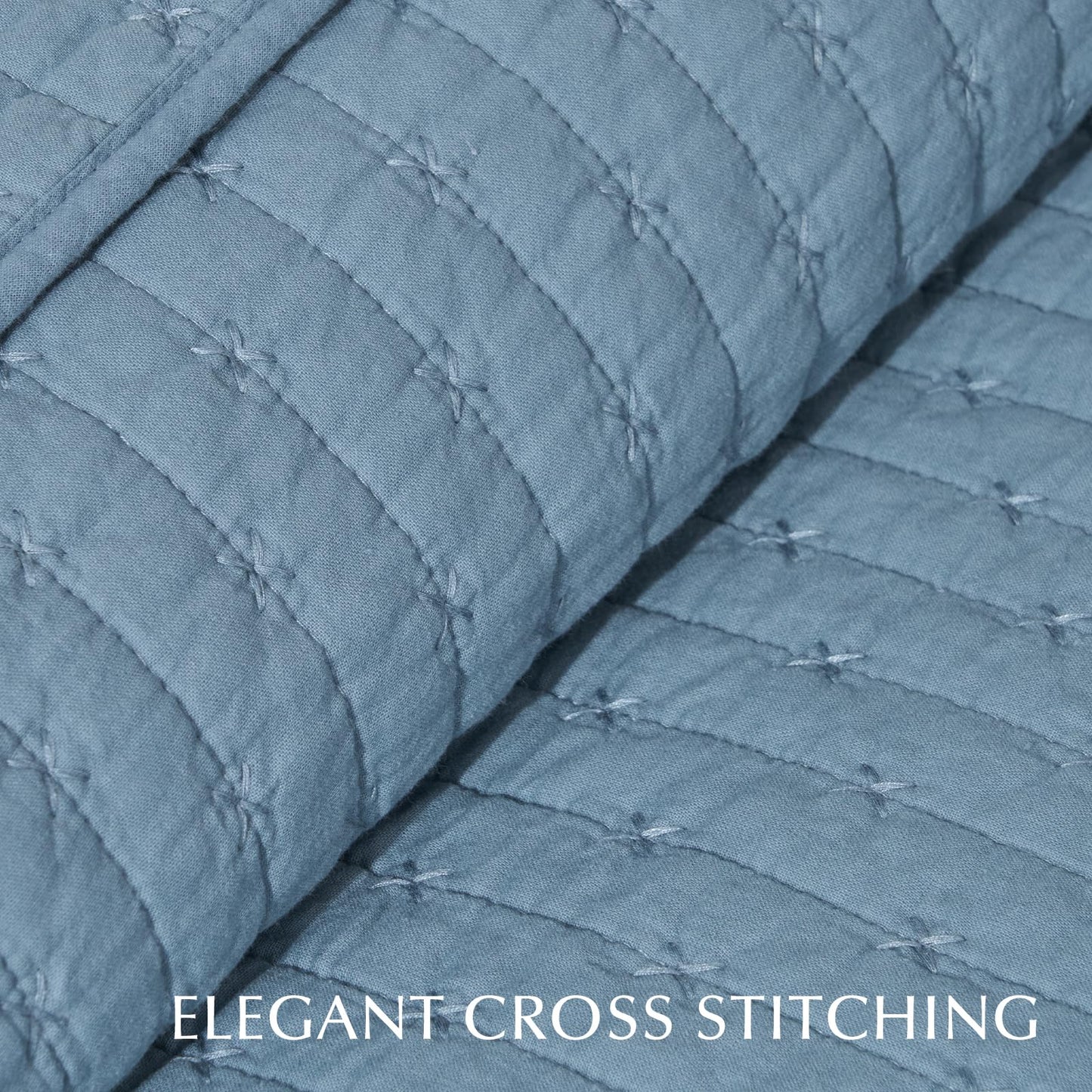 EVERGRACE x Kinsey Walsh Cross Stitch Pre-Washed Cotton Quilt Bedding Set King Size, Oversized 3 Pieces Lightweight Bedspread Coverlet for All Season, with 2 Matching Shams, Dusty Blue, 108"x96"