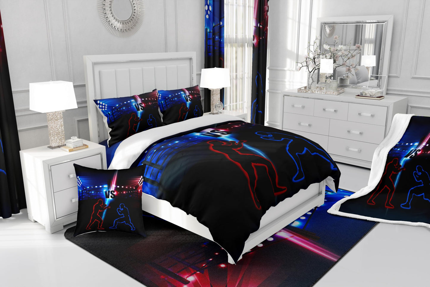 Manfei Wrestler Wrestling Fitted Sheet Twin Size, Young Men Sports Theme Bed Cover with 1 Pillowcase, Blue and Red Bedding Set 2pcs for Kids Teens Room Decor, Soft Polyester Bedding