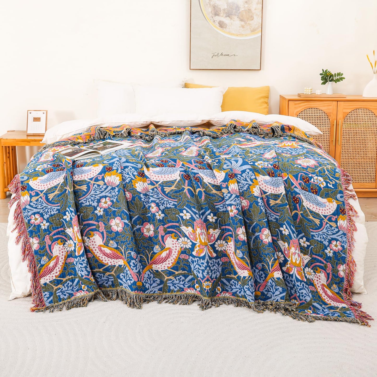 STASOPTK Boho Cotton Muslin Twin Size Bed Throws,100% Cotton Rustic 4 Layer Reversible Bid and Floral Woven Washable Breathable Decor Blanket 60"×80" for Couch Sofa All Seasons,Blue &Yellow