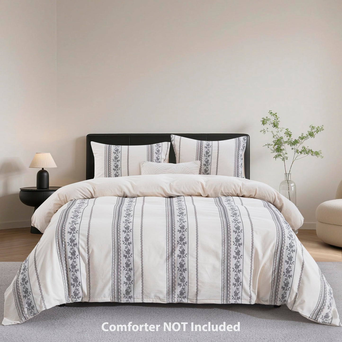 TodaFre Cotton Linen Duvet Cover King Size, Natural Rose Vine Stripe Textured Bedding Set, Cooling Moisture Wicking Breathable Linen Blend for Hot Sleepers (Off-White, 104" x 90")