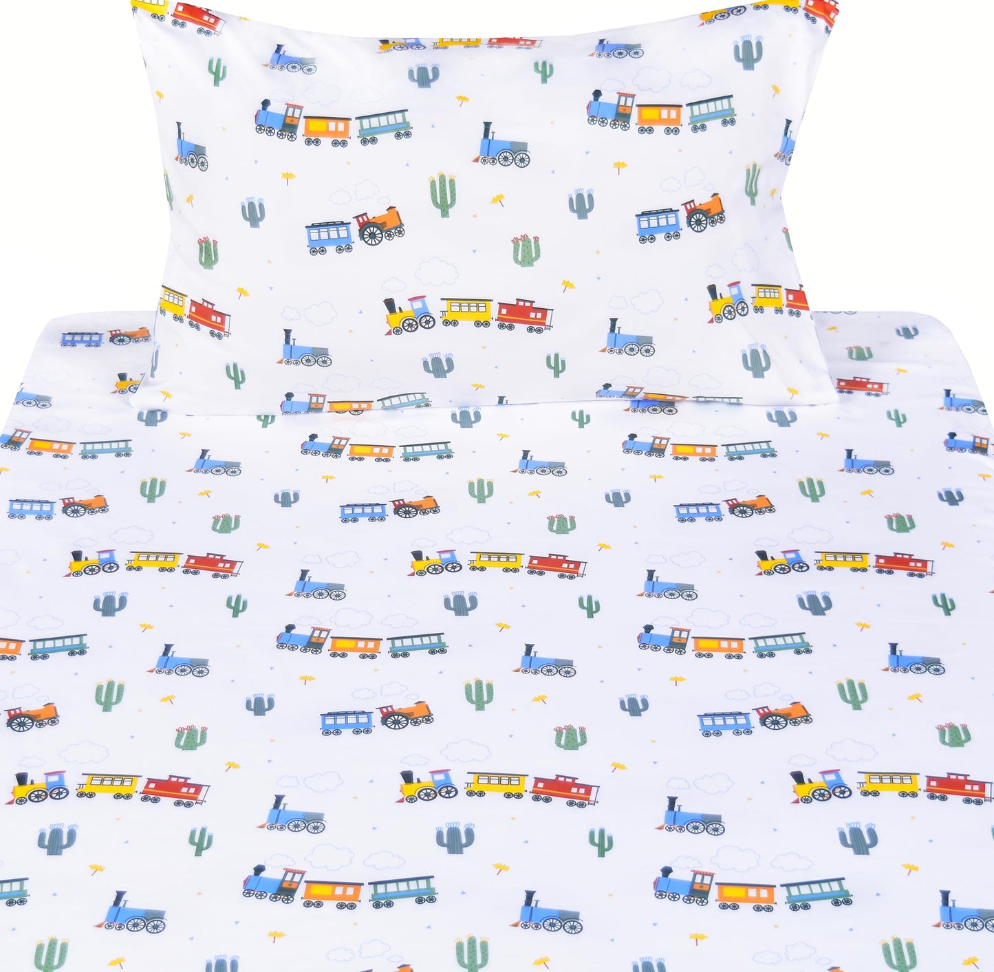 Scientific Sleep Little Train Cactus Cute Fun 100% Cotton Cozy Twin Bed Sheet Set, Flat Sheet & Fitted Sheet & Pillowcase Kids Boys Bedding Set (Trains, Twin)