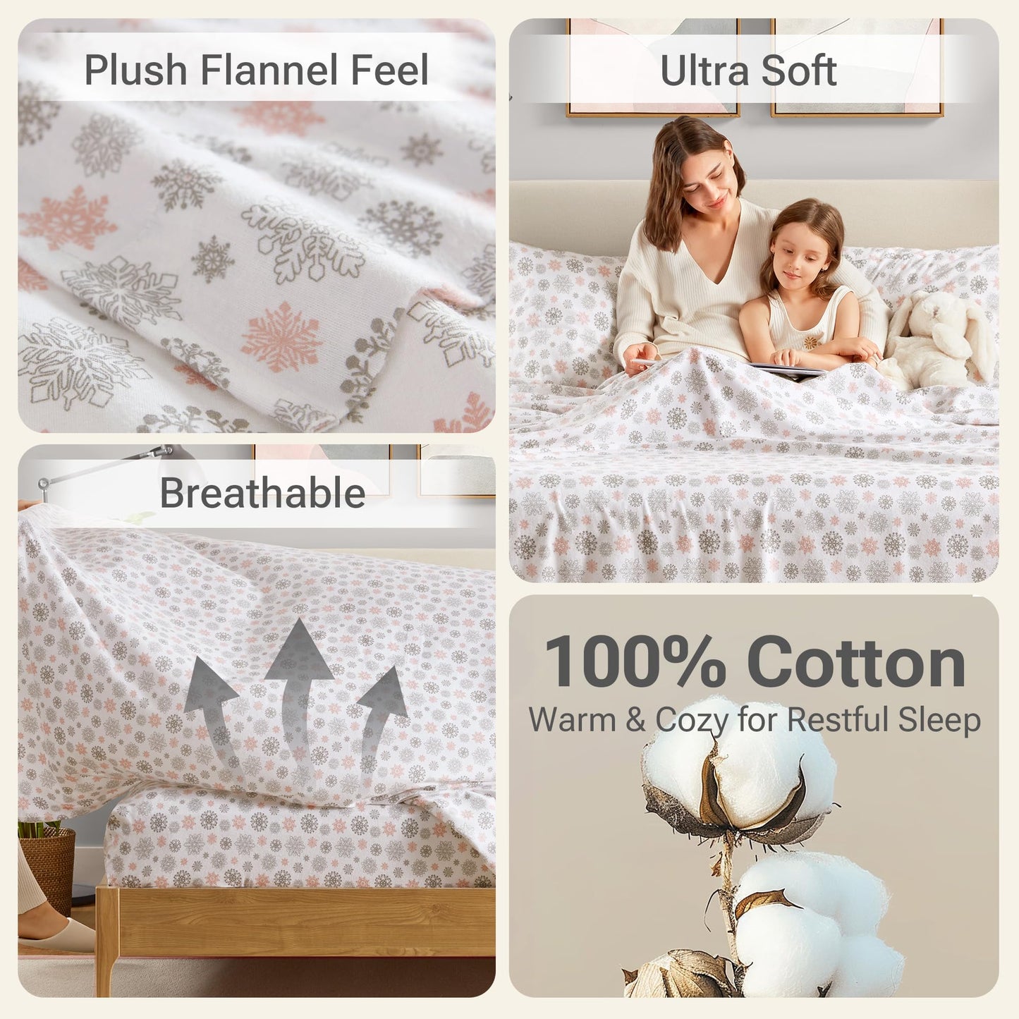 True North by Sleep Philosophy Cozy Flannel Warm 100% Cotton Sheet - Novelty Print Animals Stars Cute Ultra Soft Cold Weather Bedding Set, Twin XL, Pink/Grey Snowflakes 3 Piece