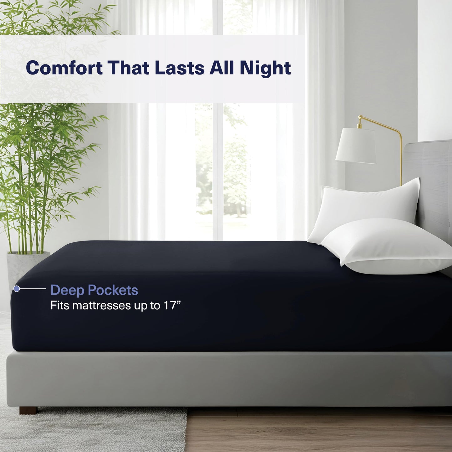 Kickoff Viscose Bamboo Fitted Sheet Queen Size, 100% Organic Cooling Sheets Fitted ONLY Viscose Bamboo Sheets Queen Size Bed Sheet for Hot Sleepers, Extra Deep Pocket, 4 Corner Strap (Q, Onyx Black)