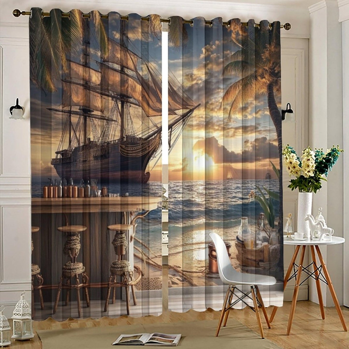 TOWINSFB Nautical Pirate Ship Blackout Curtains for Bedroom/Living Room, Retro Sunset Ocean Sailboat Grommet Curtains Thermal Insulated Window Drapes, 2 Panels, Each 21W x 45L