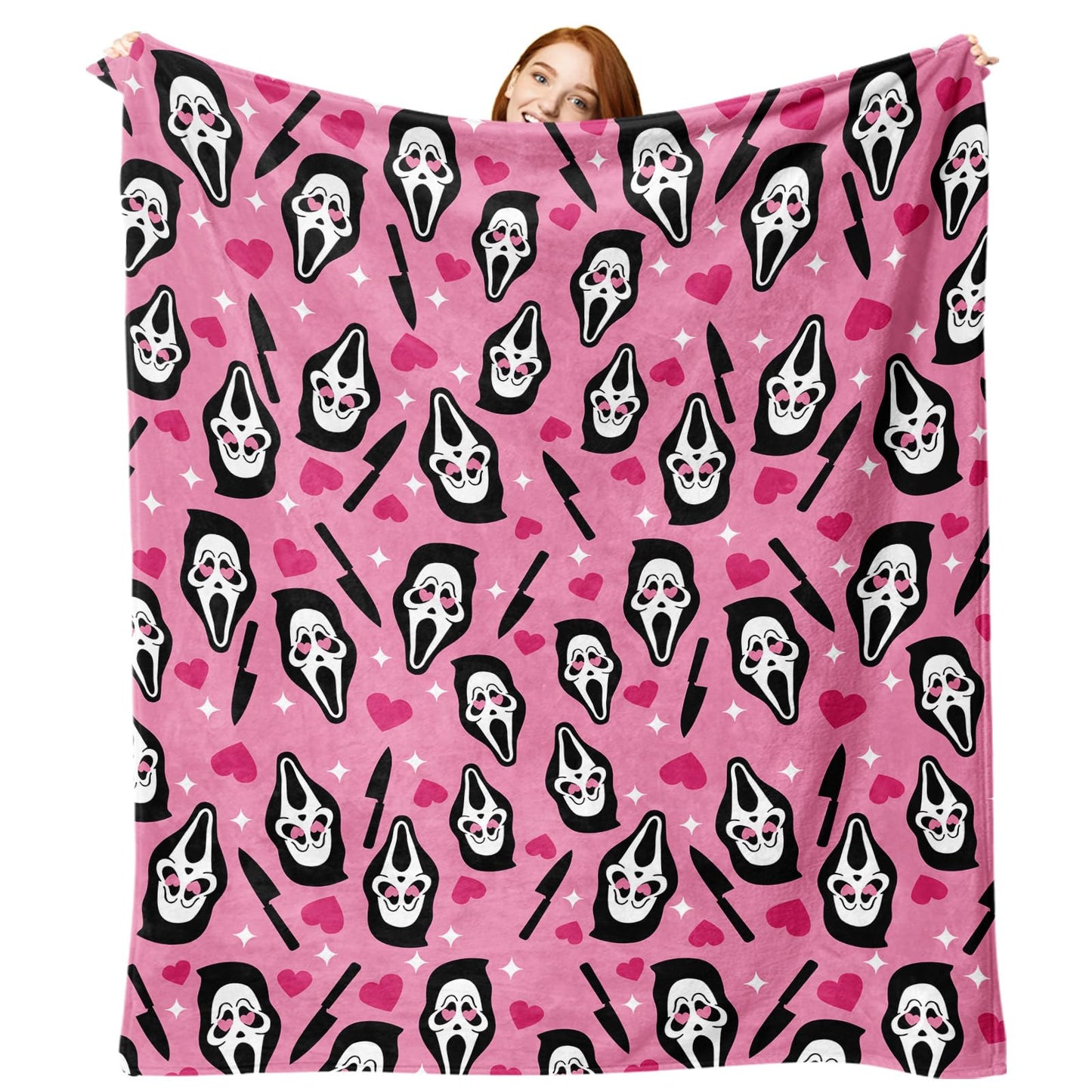 Paayna Pink Horror Flannel Throw Blanket, Funny for Kids Men Women, Romantic Love Heart Knife Soft Blankets for Bedding Sofa 50 x 60 Inches