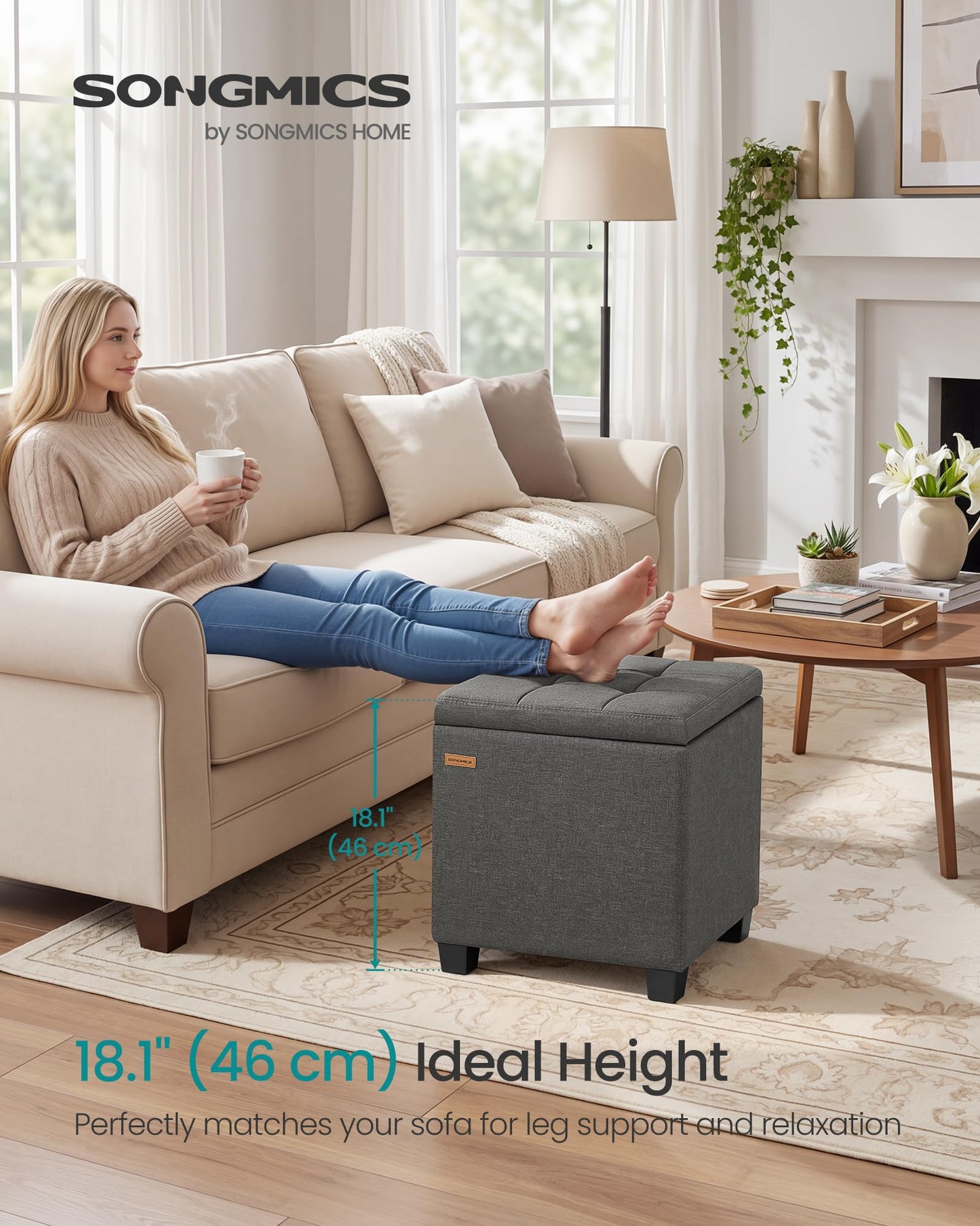 SONGMICS Square Storage Ottoman, Foot Stool Footrest with Legs, Ottoman Cube with Hinged Lid, for Living Room, Bedroom, 16.9 x 16.9 x 18.1 Inches, Linen-Look Fabric, Slate Gray ULOM509GN01