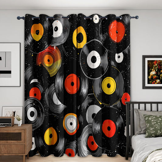 Musical Themed Curtains for Bedroom Kitchen, 39 Inch 2 Panels, Record Vintage Printed Pattern, 95% Blackout Window Drapes for Living Room, Music Theme Home Decor, Grommet Top CZ355
