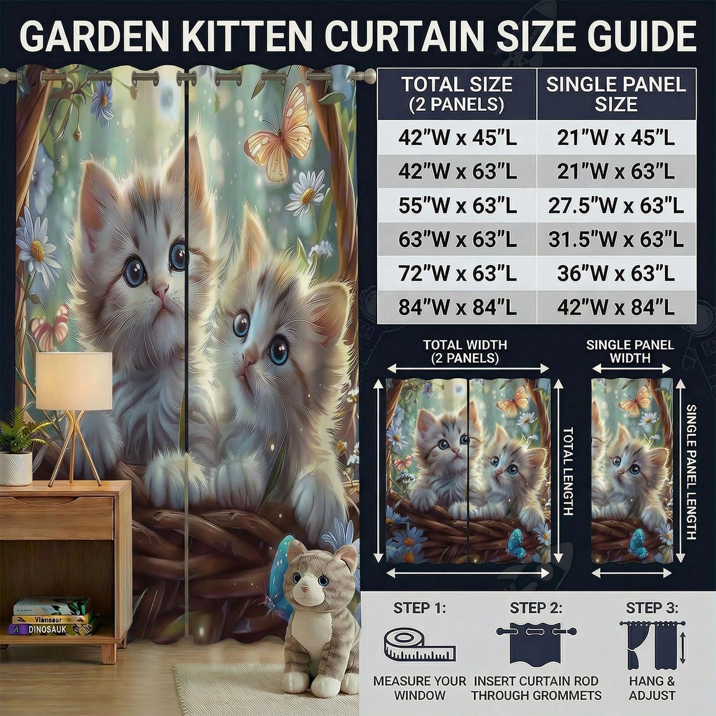 Sordcoz Cat Blackout Curtains for Girls Bedroom — Kawaii Kitty Print Room Darkening Drapes with Silver Grommets, Thermal Insulated 2 Panels Window Curtains for Kids Room & Nursery, 42 x 45 Inch