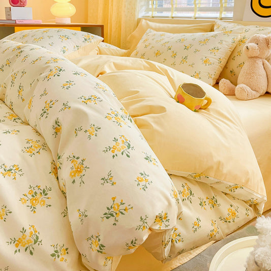 4pcs Duvet Cover Set- 100% Cotton Comfort Duvet Cover Set,a Duvet Cover,a Deep Pocket Fitted Sheet,2 Pillow Shams Home Bedding with Zipper Closure for All Season (Queen (U.S. Standard), cream yellow)