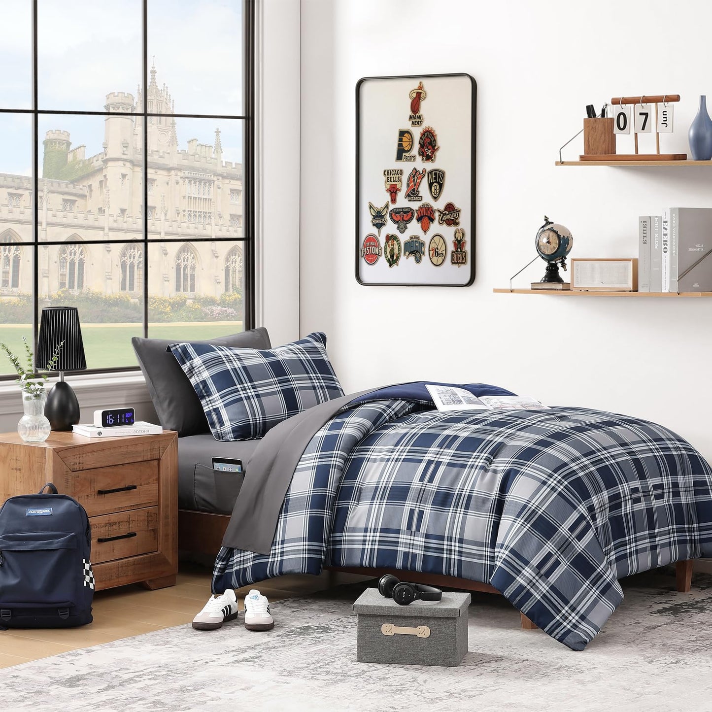 MaiRêve Navy Blue Twin XL Comforter Set, Twin XL Bedding Sets for Boys Girls 5 Pieces for Dorm Farmhouse All Season Lightweight &Comfy with Fitted Sheet, Flat Sheet (Navy Blue, Twin XL, 66"x90")