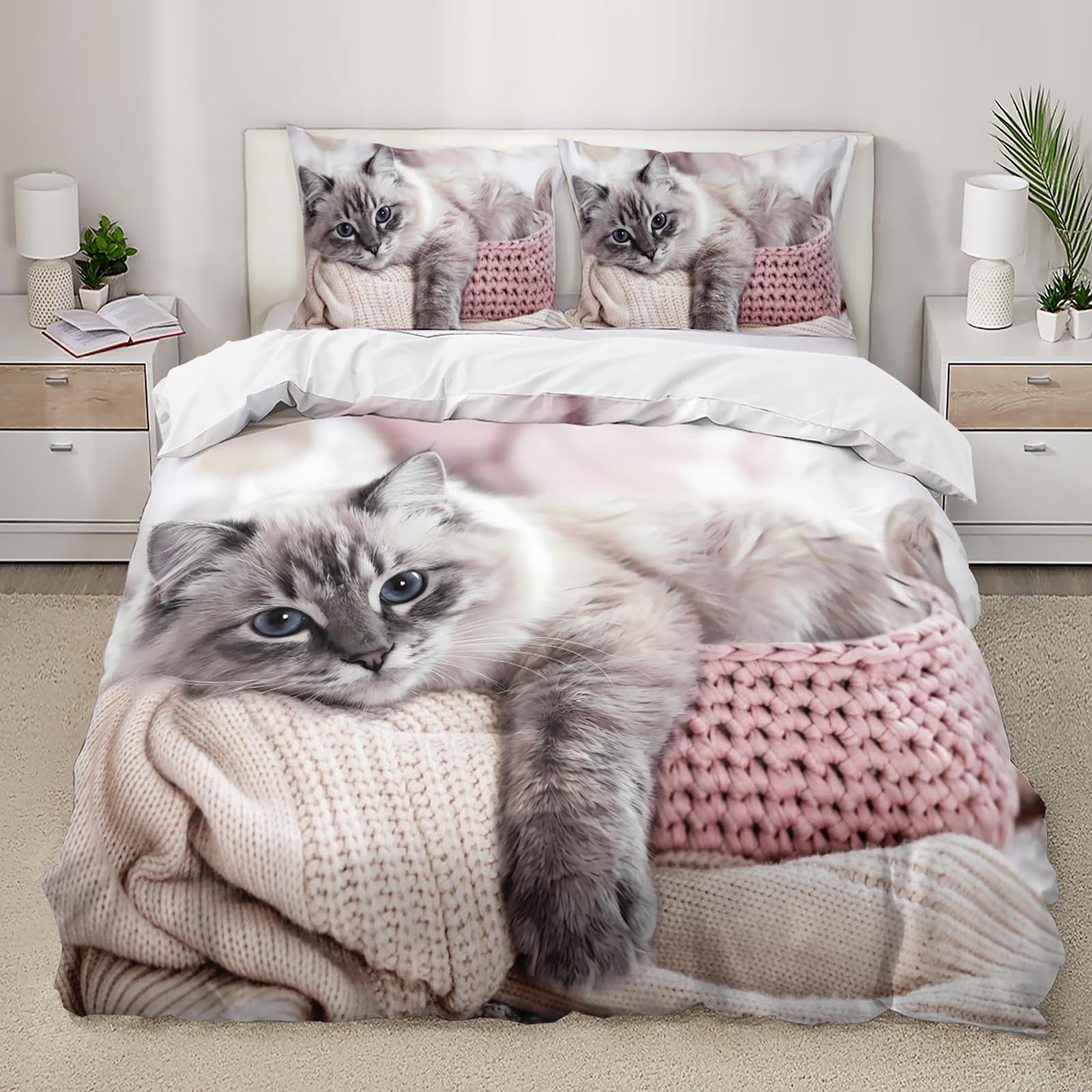 AILONEN Cat Duvet Cover Set, Full Size, Kawaii Pet Animal Cat Lover Comforter Cover Set, 3 Pieces, 1 Quilt Cover and 2 Pillowcases