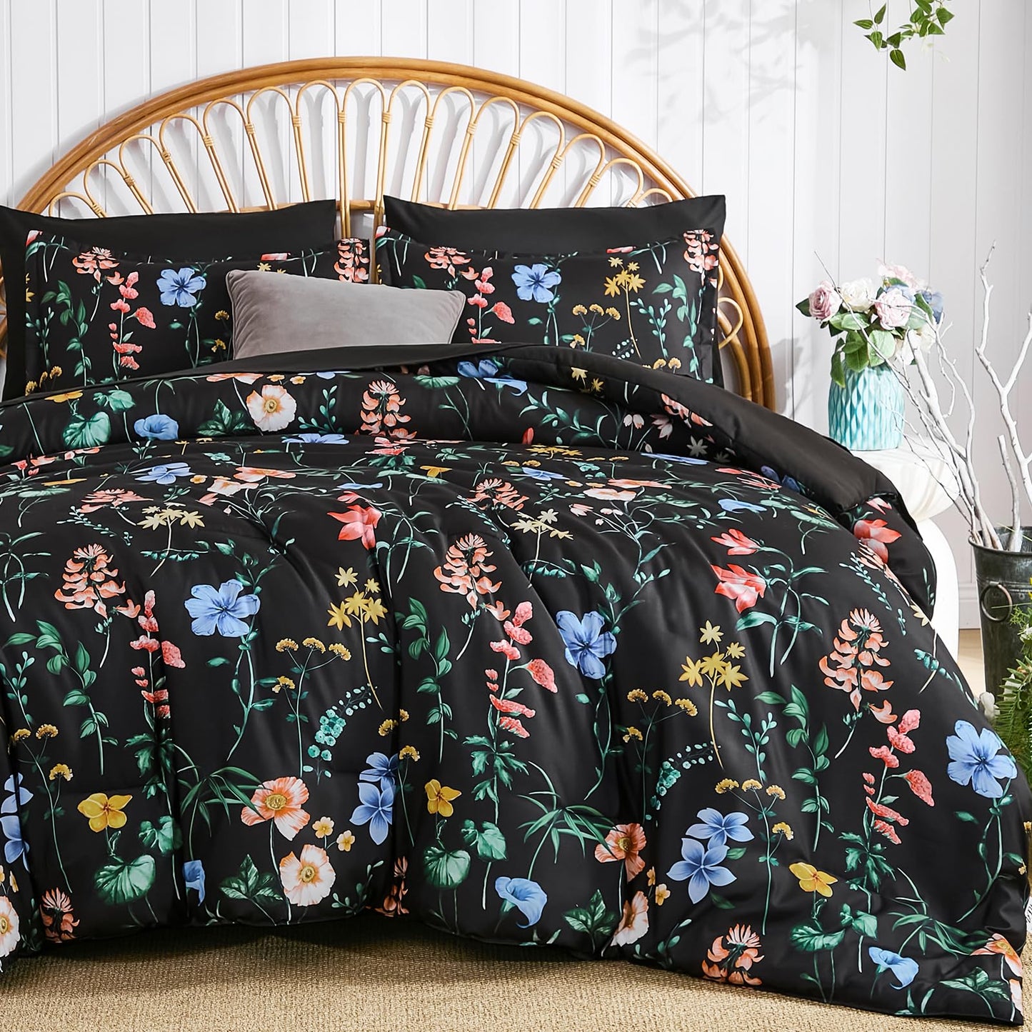 DJY Black Floral Comforter Set King Size,Black Pink Botanical Bedding Comforter Sets,7 Pieces Bed in a Bag Lightweight Microfiber Comforter Set with Sheets Pillowcases & Shams for All Seasons