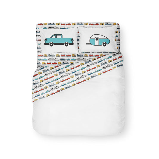 Camco Camper & RV Queen Sheet Set - Features Travel Trailer Print Design - Crafted of Soft Machine Washable Polyester - 4 Piece Set Includes Fitted Sheet, Flat Sheet, & 2 Pillowcases (53299)