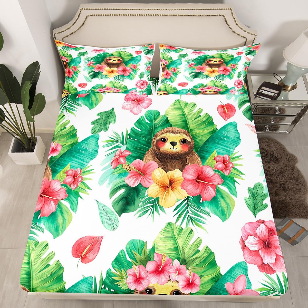Erosebridal Cartoon Sloth Fitted Sheet Kawaii Sloth Bed Sheets Palm Leaf Cherry Blossom Monstera Sheet Set Hawaiian Tropical Leaf Animal Top Sheet for Kids Boys Girls, 4Pcs Full Size