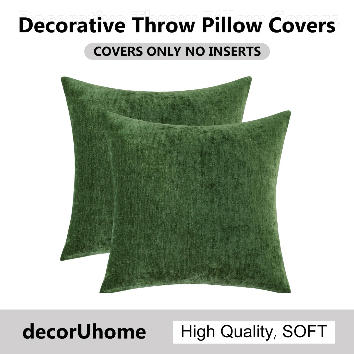 decorUhome Chenille Moss Green Throw Pillow Covers 18x18 Inch Set of 2, Decorative Soft Couch Pillow Covers Solid Dyed Accent Farmhouse Neutral Square Pillow Cases for Sofa