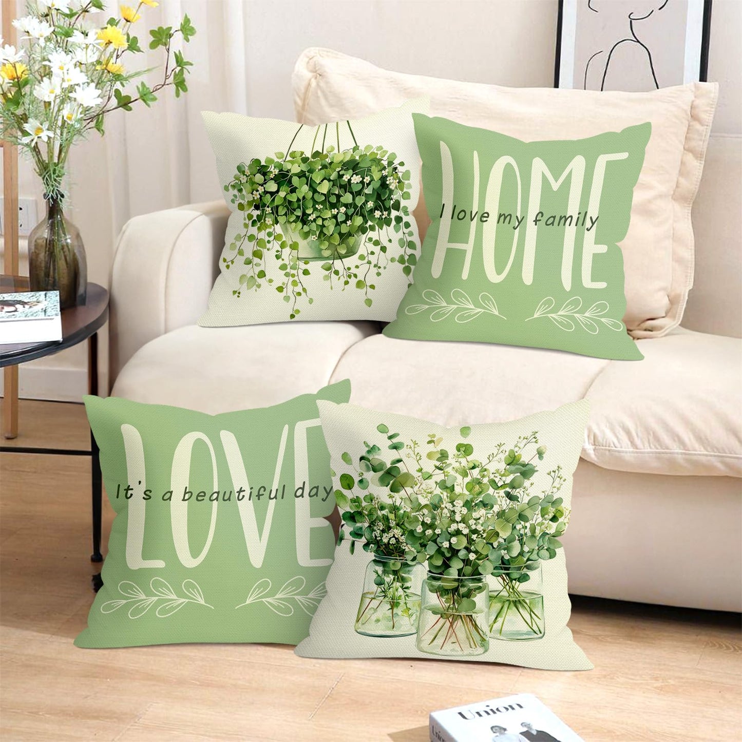 Joymaison Green Farmhouse Throw Pillow Covers 18x18 Inch Set of 4 Green Plants Leaves Cushion Covers Home Decor for Couch Cushion Cases