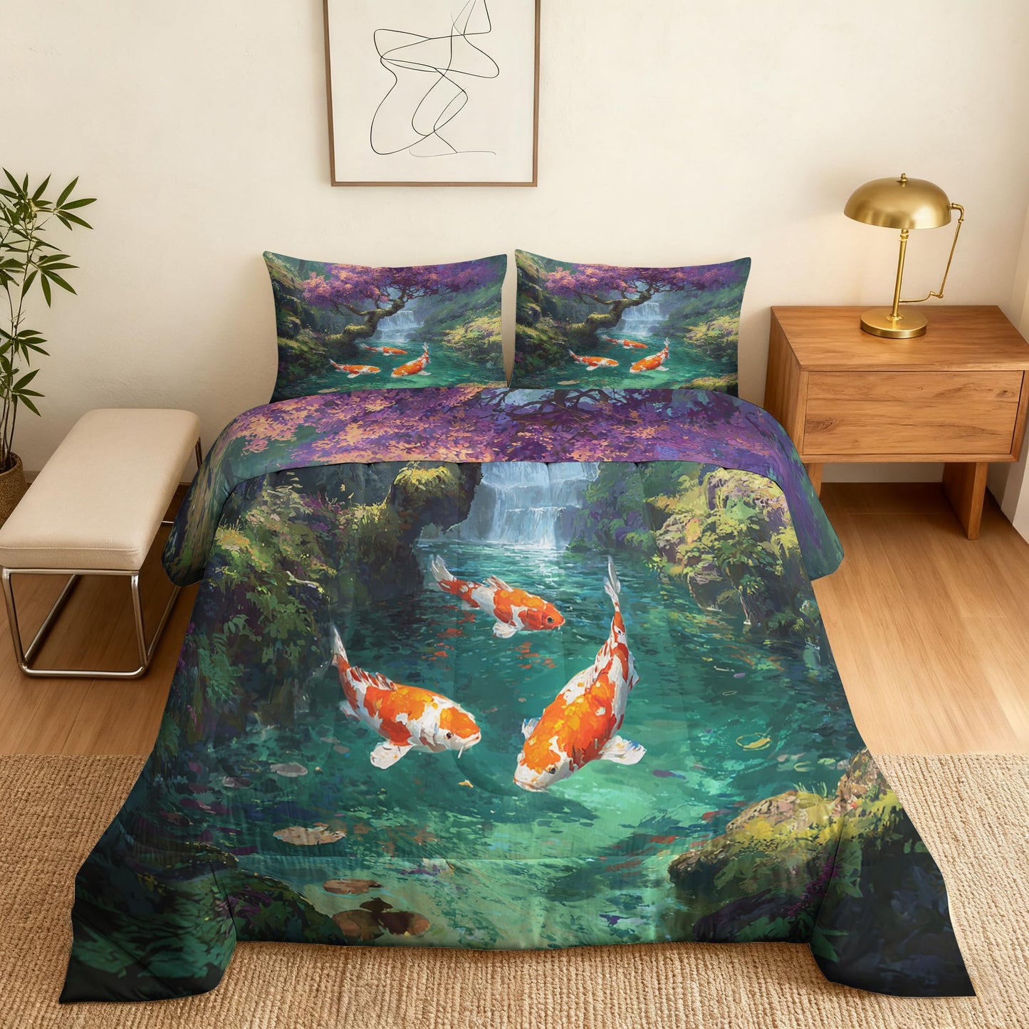 TANCAPRIUM Koi Fish Comforter Set Twin - Japanese Asian Bedding Set & 2 Pilow Cases for All Season - Soft Reversible Down Alternative 3 Piece. Fishing Bedrom Decor