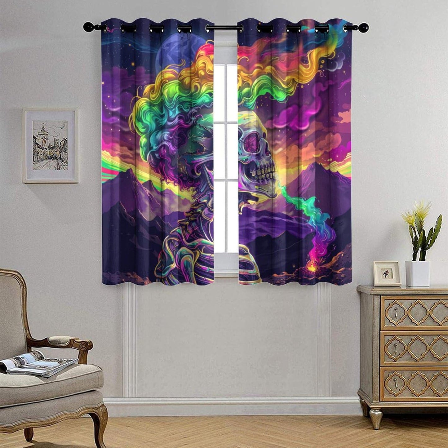 HDESDIS Gothic Skeleton Bone Blackout Curtains for Bedroom, Mystical Space Star Skull Fantasy Grommet Curtains Thermal Insulated Window Drapes for Living Room, 21W x 45L, 2 Panels