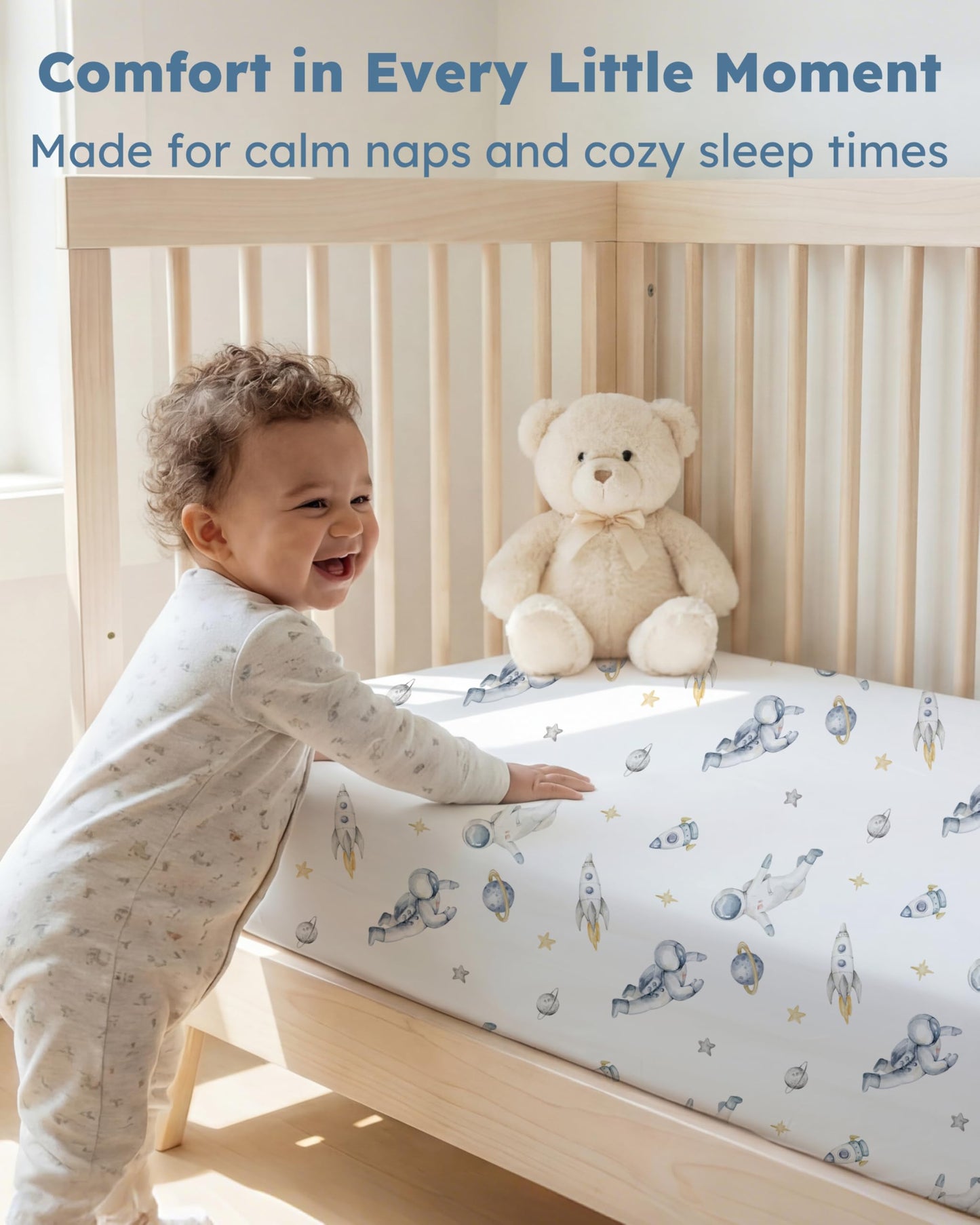 FIEMOL Baby Crib Sheets for Boys and Girls, Toddler Bed Sheets Fitted for 52”x28” Standard Crib and Toddler Mattresses, 4 Pack Soft Stretchy Microfiber Blue Space Astronaut