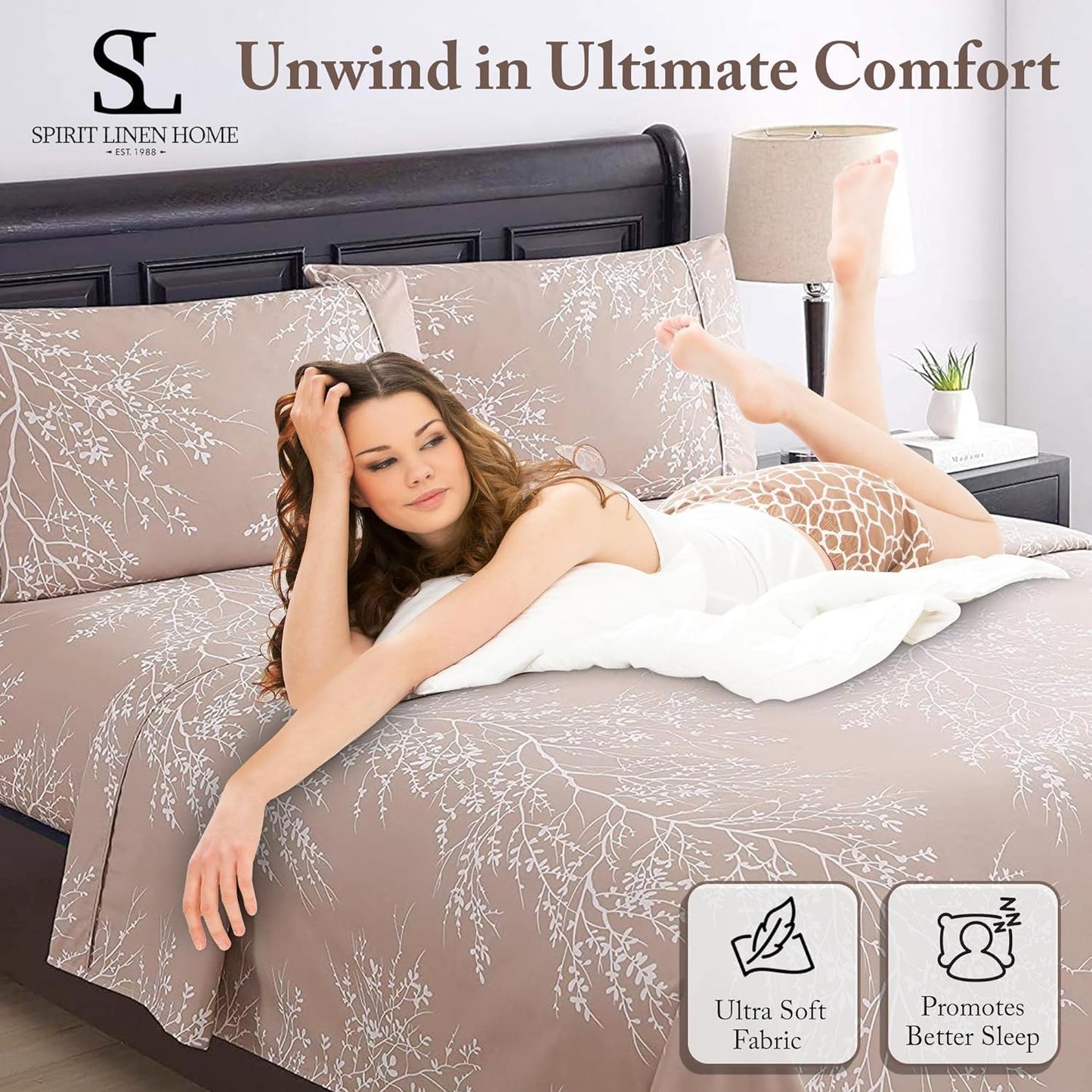 Spirit Linen home Full Size Sheets Set - Pure Microfiber 4 Piece Polyester Bed Sheets, Fitted Sheet & Pillow Cases - Full Sheets for All Seasons (Foliage Chocolate/White, Full)